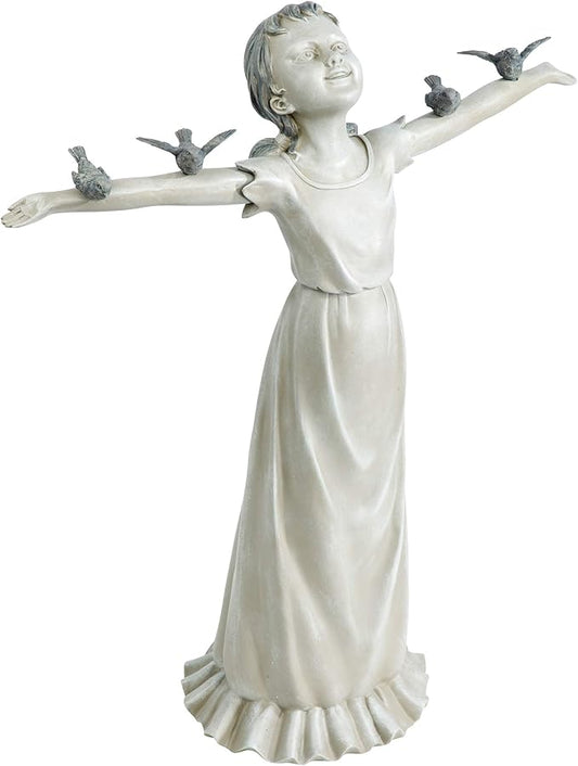 Design Toscano Basking in Glory Little Girl with Birds Outdoor Garden Statue, Large, 29 inches tall, Cast Stone Resin, Two Tone Stone Finish