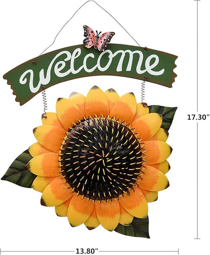 Sunflower Welcome Sign Metal Hanging Welcome Plaque for Wall Front Door - Decorative Flower Yard Signs Spring Wreath Decor for Garden Porch Patio Backyard (H)
