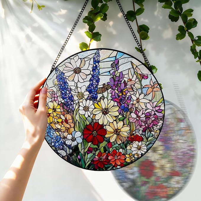 Stained Glass Window Hanging, 8 Inch Wildflower Suncatcher, Flower Sun Catchers Indoor Window, Floral Suncatchers for Windows Hanging, Spring Home Garden Decor Panel Plant Lovers Gifts for Mom Grandma