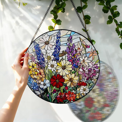 Stained Glass Window Hanging, 8 Inch Wildflower Suncatcher, Flower Sun Catchers Indoor Window, Floral Suncatchers for Windows Hanging, Spring Home Garden Decor Panel Plant Lovers Gifts for Mom Grandma