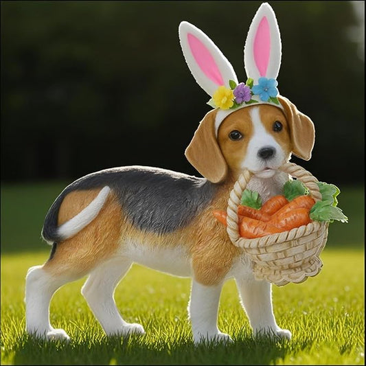 Cynkeyee Dog Garden Statue Decoration - Cute Puppy Beagle Statues with Bunny Ears Carrot Basket Figurines for Tabletop Self Floor Indoor Decor 11.5x4x10.5 inch