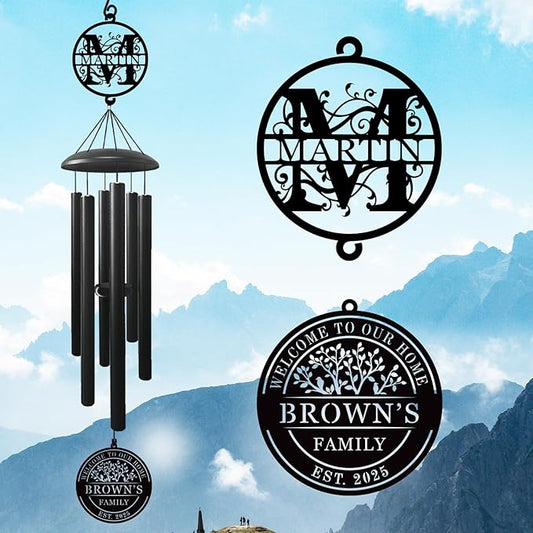 Best Housewarming Gifts 2025， Large Black Metal Wind Chime Outdoor Decor, Custom Family Name Welcome Sign, New Home Gift, Garden Patio Porch Decoration