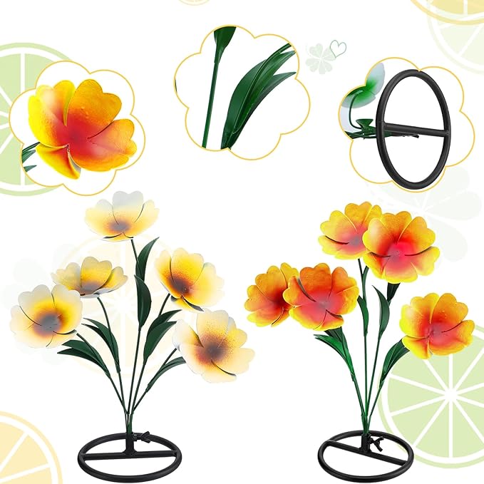 Yaocom 2 Pack Metal Flowers for Outdoor, Decorative Garden Stakes Yard Art, Outdoor Spring Garden Stake Summer Decor Bouquet of Poppy Flower Rustic Handcrafted Items for Lawn Porch Fence(Yellow)