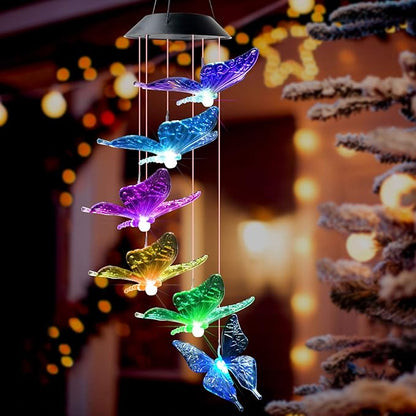 DOUBLEZHE Solar Butterfly Wind Chimes for Outside, Valentines Day Gifts for Her, Birthday Gifts for Women Mom Grandma, for Girlfriend Wife Sister, Solar Lights Garden Outdoor Patio Yard Decor