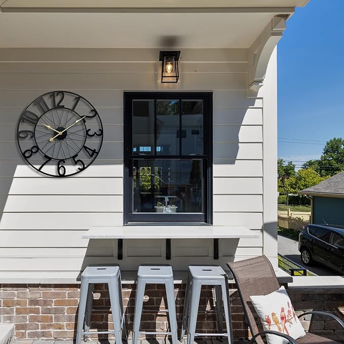 Large Wall Clock, Modern Black Decorative Wall Clock Silent Non Ticking Battery Operated, 24 Inch Wheel Metal Clock for Outdoor Covered Patio, Pool Area, Living Room, Farmhouse, Kitchen