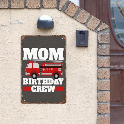 Vintage Tin Metal Sign Mom Of The Birthday Crew Fire Truck 8x12 Inches Retro Wall Decor for Home,Garden,Patio,Office,Kitchen,Bathroom,Living Room,and More! Funny Quotes & Motivational Decorations