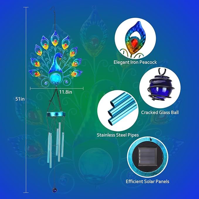 Outdoor Solar Wind Chimes, Metal Large Peacock Wind Chimes LED Lights Cracked Glass Ball Wtaerproof Garden Decorative Lights for Patio Yard Home Decor Gifts (Peacock)