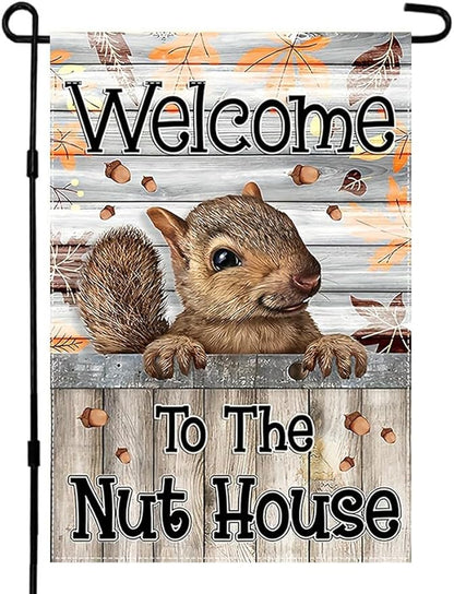Welcome to the Nut House Garden Flag 12x18 Inch Double-Sided Outdoor Squirrel Decorations for Home Porch & Yard Outdoor Decoration