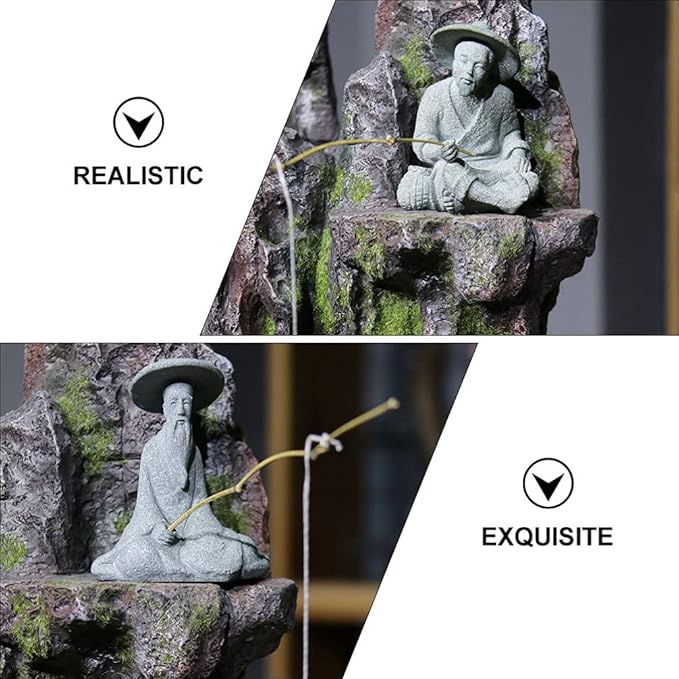 DOITOOL 2Pcs Mini Fisherman Figurines, Chinese Sitting Fishing Garden Statue, Sandstone Bonsai Fisherman Figurines for Micro Landscape Pot Aquarium Fairy Garden Decorations