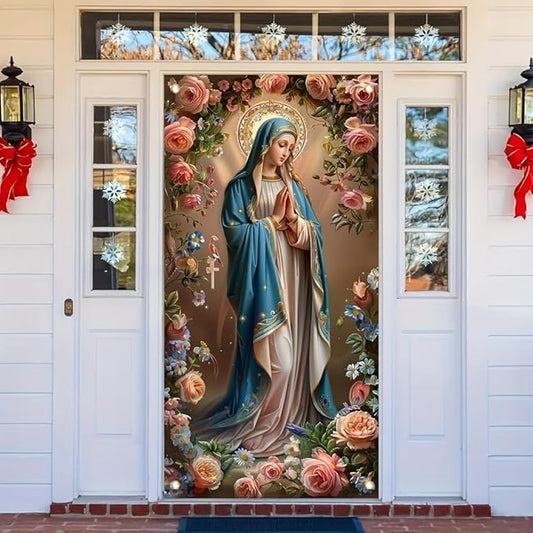 Virgin Mary Door Cover Banner Religious Floral 71x35 Inch Holy Mother Door Sign for Front Door Prayer Room Church Door Cover for Easter Christmas Spiritual Home Decor