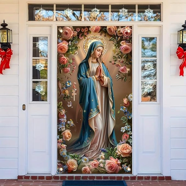 Virgin Mary Door Cover Banner Religious Floral 71x35 Inch Holy Mother Door Sign for Front Door Prayer Room Church Door Cover for Easter Christmas Spiritual Home Decor
