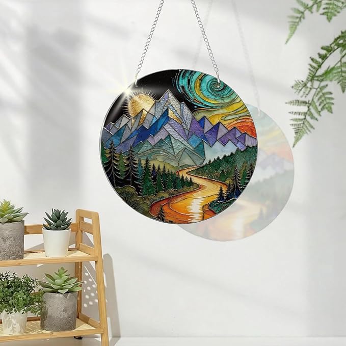 Sun Mountains Acrylic Window Hanging, Boho Wall Art Decor, Home Decor for Room, Hand Painted Round Acrylic Sun Catcher with Chain, Housewarming Gift, Women Gift for Friends Family
