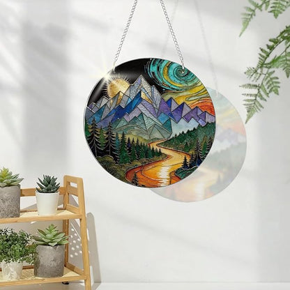 Sun Mountains Acrylic Window Hanging, Boho Wall Art Decor, Home Decor for Room, Hand Painted Round Acrylic Sun Catcher with Chain, Housewarming Gift, Women Gift for Friends Family