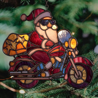 Cool Santa Riding Motorcycle Mosaic Acrylic Suncatcher Stained Glass Effect Window Car Hanging Christmas Ornament Indoor Outdoor Decor Garden Sun Catcher Panel for Women Mom Grandma