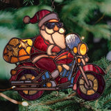Cool Santa Riding Motorcycle Mosaic Acrylic Suncatcher Stained Glass Effect Window Car Hanging Christmas Ornament Indoor Outdoor Decor Garden Sun Catcher Panel for Women Mom Grandma