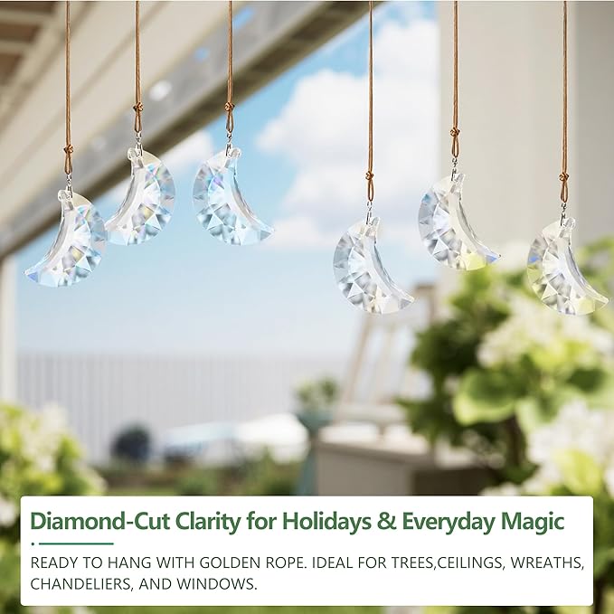 Set of 6 Crystal Glass Hanging Ornaments Clear Faceted Crystal Moon Prisms Ornaments for Window Home Car Wedding Party Decor