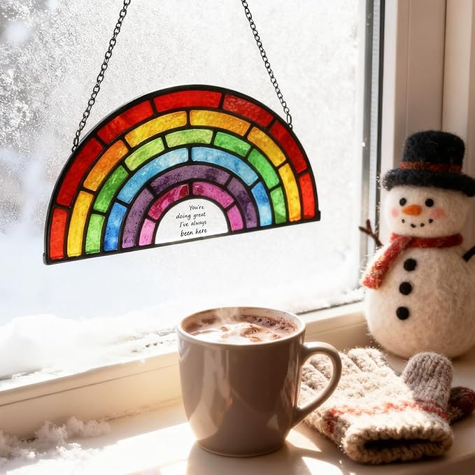 Stained Glass Window Hanging, Rainbow Suncatcher Valentines Day Gifts for Friend Women and Men, Rainbow Glass Hanging Ornaments, Ideal Gifts