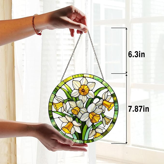 Stained Glass Window Hanging, Daffodil Flowers Sun Catchers Glass Panel Hangings Suncatcher Decor Spring Garden Gift for Women 7.8 in