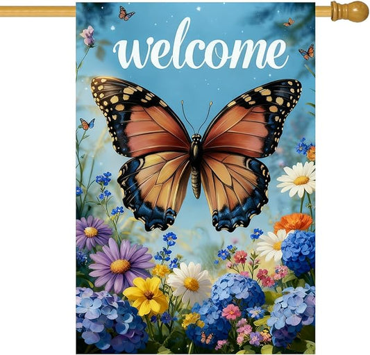 Large Spring Summer Garden Flags for Outside 28 x 40 Double Sided, Burlap Spring Summer House Flags, Seasonal Outdoor Flags Butterfly Flowers Farmhouse Yard Decorations