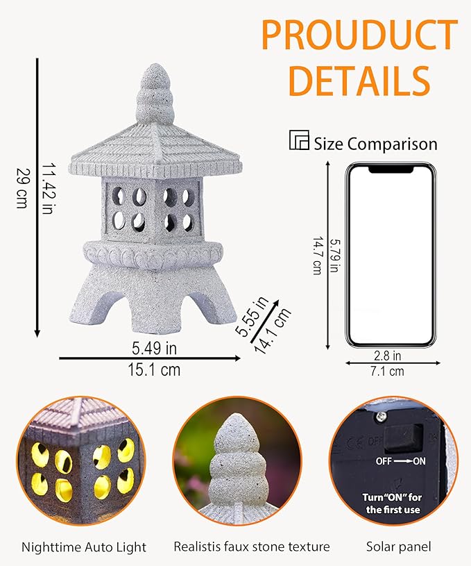 Nacome Solar Pagoda Garden Statues:11.5 inches Outdoor Waterproof Resin Zen Decor for Landscape Balcony Patio Porch Yard Ornament(Gray)