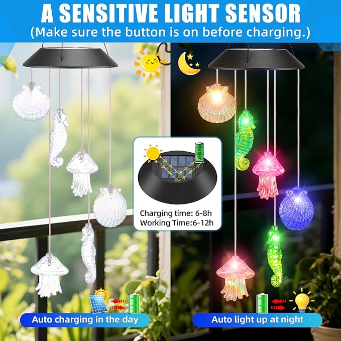 VIHOSE Solar Wind Chimes Lights Outdoor, Color Changing Hanging Solar Wind Chime, Seashell Starfish Mobile LED Lights for Outside Garden Yard Patio Decor, Waterproof