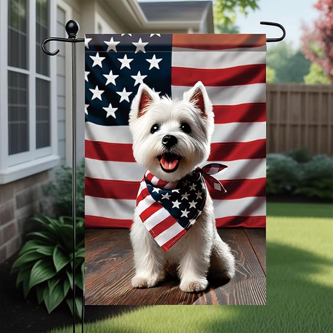 Patriotic 4th of July West Highland White Terrier Garden Flag Summer Decorative Lovely Pet Dog American US Flag Banner for Outside 12x18 Inch Printed Double Sided