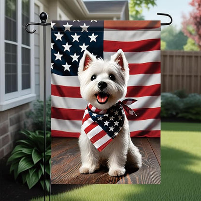 Patriotic 4th of July West Highland White Terrier Garden Flag Summer Decorative Lovely Pet Dog American US Flag Banner for Outside 12x18 Inch Printed Double Sided
