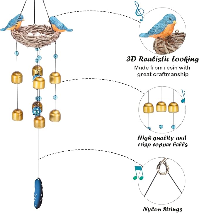 Taman Blue Bird Wind Chime - 27.5" Wind Bell Valentine's Day Gift for Outside Indoor Resin Decorative Metal Bronze Mobile Wind Chime Memorial Sympathy Gift for Home, Outdoor, Yard, Patio,Garden Decor