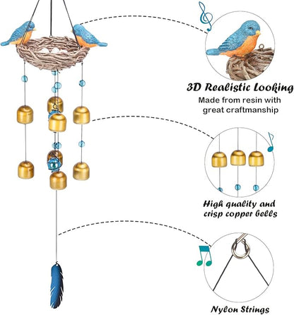 Taman Blue Bird Wind Chime - 27.5" Wind Bell Valentine's Day Gift for Outside Indoor Resin Decorative Metal Bronze Mobile Wind Chime Memorial Sympathy Gift for Home, Outdoor, Yard, Patio,Garden Decor