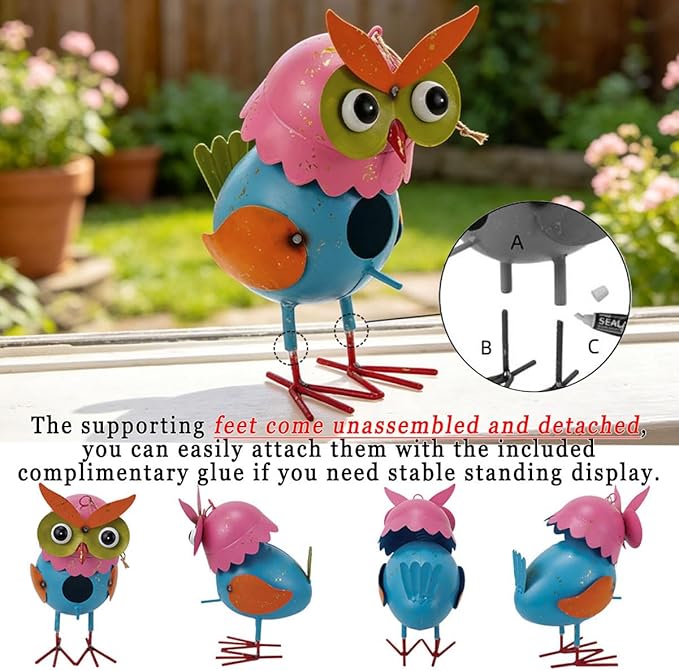 Metal Owl Garden Statues Yard Art Animal Sculpture Garden Figurines Outdoor Decor Lawn Ornaments Hanging Decorative Bird House for Outside