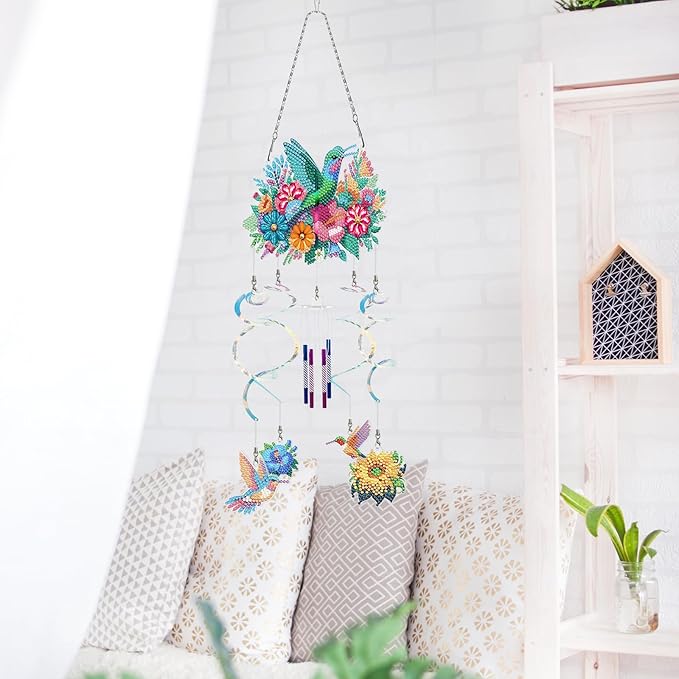 DIY Wind Chime Pendant Spring 3D Diamond Art Painting Hanging Ornament Double Sided Diamond Suncatchers for Window Home Backyard Garden Wall Door Decor-Hummingbird