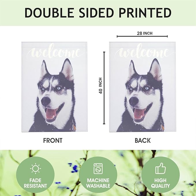 Mugod Siberian Husky House Flag 28x40 Inch Double Sided Burlap, Welcome Dog Large Yard Flag for Outdoor Farmhouse Seasonal Decoration