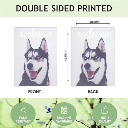 Mugod Siberian Husky House Flag 28x40 Inch Double Sided Burlap, Welcome Dog Large Yard Flag for Outdoor Farmhouse Seasonal Decoration
