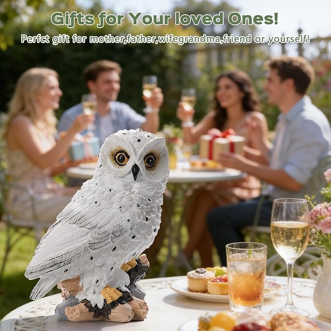 Solar Owl Garden Outdoor Statue,Owl Figurine Sculpture with LED Lights for Porch Patio Lawn Yard Deck Spring Decor - Ideal Easter Day Housewarming for Women Men Owl Lover(White)