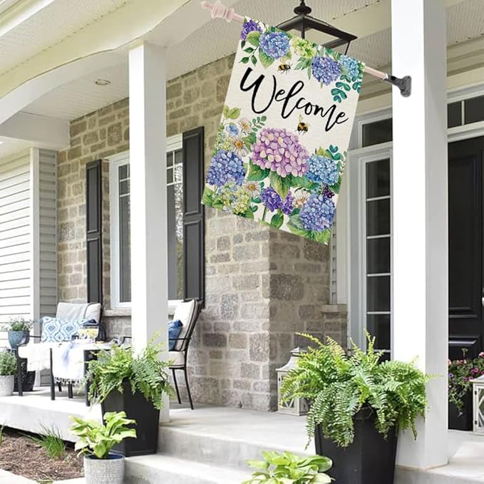 CROWNED BEAUTY Spring House Flag Floral Hydrangea Double Sided 28x40 Inches Large Burlap Welcome Holiday Seasonal Yard Decoration for Outside Porch CF1751-40