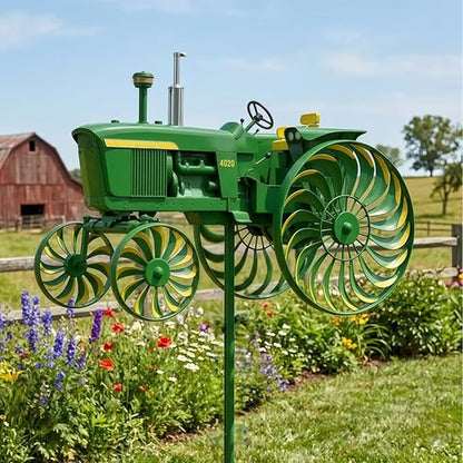 Garden Wind Spinner, Green Tractor Windmill Stake with Rotating Wheels for Patio Yard Garden, Unique Outdoor Sculptures Ornament Gift for Friends Family