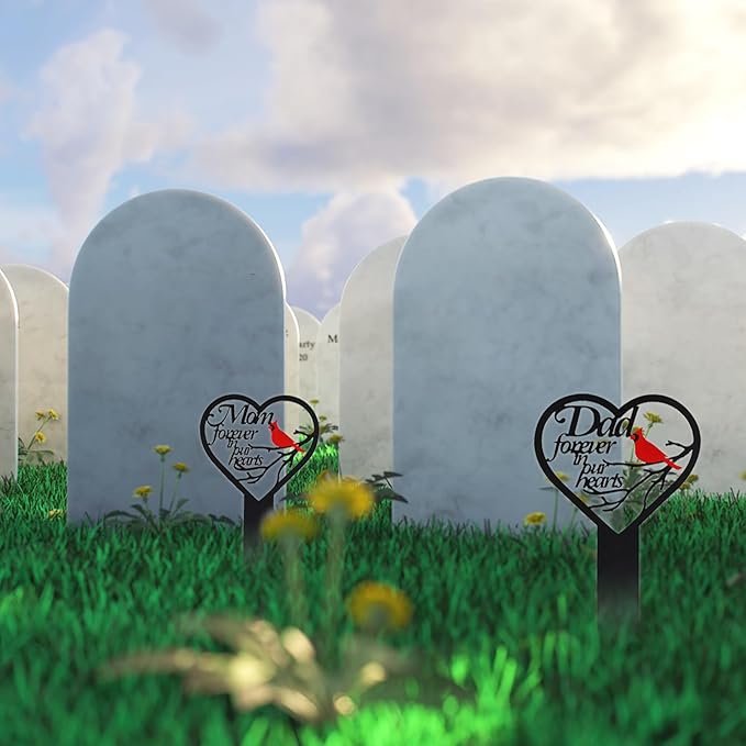 Dad-A Heart Memorial Plaque Stake Sympathy Grave Marker - Cardinals Garden Stake Metal Decoration for Mom Dad Cemetery Outdoors Yard Garden