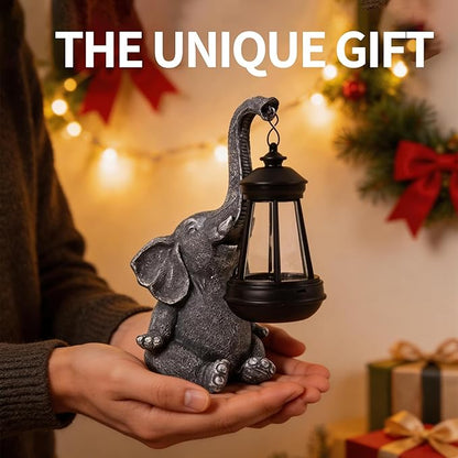 Solar Elephant Statue Outdoor Garden Decor - 10" Resin Elephant Figurine with Hanging Solar Lantern, Waterproof Patio Yard Art, Lucky Elephant Gifts for Women Mom Housewarming