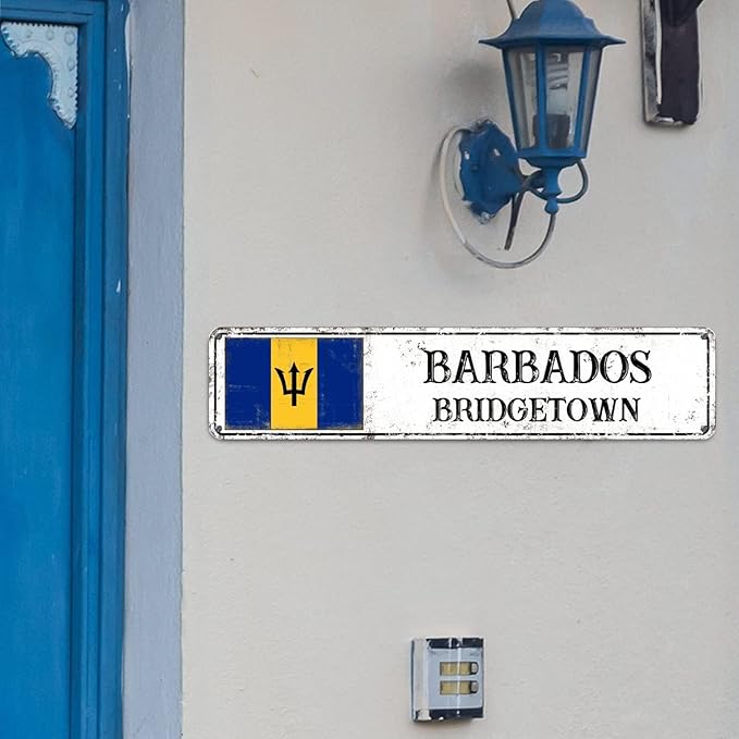 Personalized Barbados Street Sign Barbados Flag Metal Sign Capital City of Barbados Metal Sign Road Wall Art Rustic Country City Indoor & Outdoor Decor for Home Man Cave Door Porch Garden 18x4in