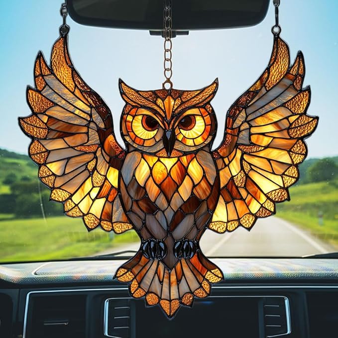 Owl Faux Tiffany Acrylic Suncatcher Stained Glass Effect Window Car Hanging Christmas Ornament Indoor Outdoor Decor Garden Sun Catcher Panel for Owl Lover for Women Mom Grandma