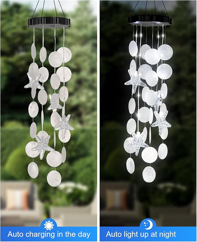 Solar Wind Chimes Decorative Lights for Outside, Shells Gifts for Mom Grandma Women Wife Girls, Hanging Solar Light for Holiday Garden Yard Window (White)