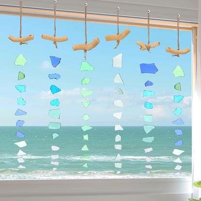 Weysat 6 Pcs Sea Glass Wind Chimes for Outside, Beach Gifts Coastal Decor Wind Chimes with Wooden Hanger, Boho Gifts for Mom Women, Hanging Beachy Decor for Home Wall Outdoor Garden Decorations