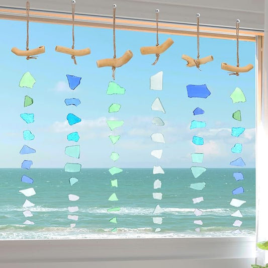 Weysat 6 Pcs Sea Glass Wind Chimes for Outside, Beach Gifts Coastal Decor Wind Chimes with Wooden Hanger, Boho Gifts for Mom Women, Hanging Beachy Decor for Home Wall Outdoor Garden Decorations