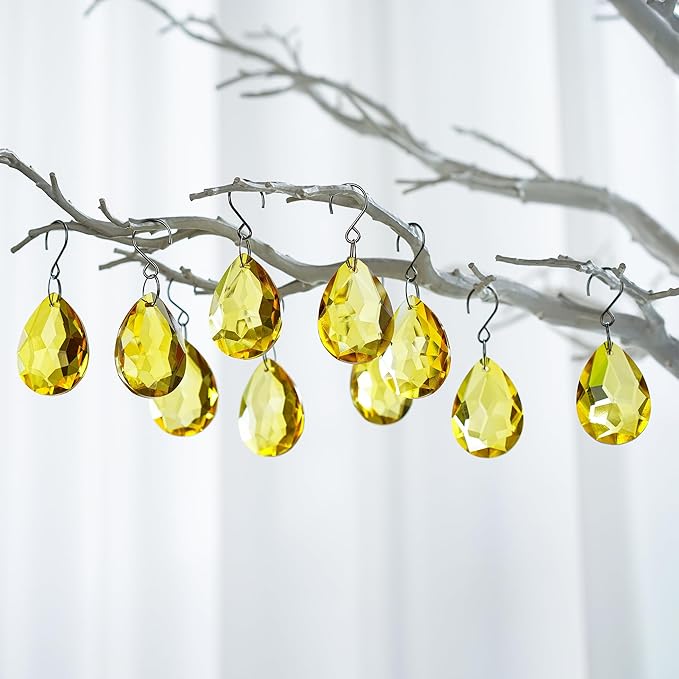 H&D HYALINE & DORA 10pcs Bauhinia Crystal Suncatcher Prisms Chandelier Beads Replacement 38mm Hanging Crystals Ornament Pendant for Window Wedding Party Decor,Yellow