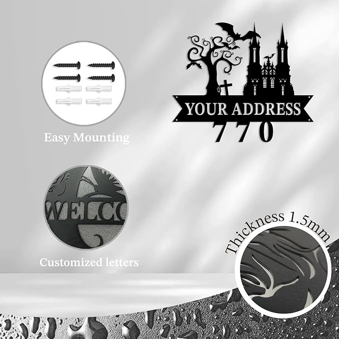 Personalized Gothic House Number metal Signs,Custom Address Number Metal Wall Art Decor,Black Plaques Outdoor wall Decorative Signage,Shed(8-30 Inches) (Castle C)