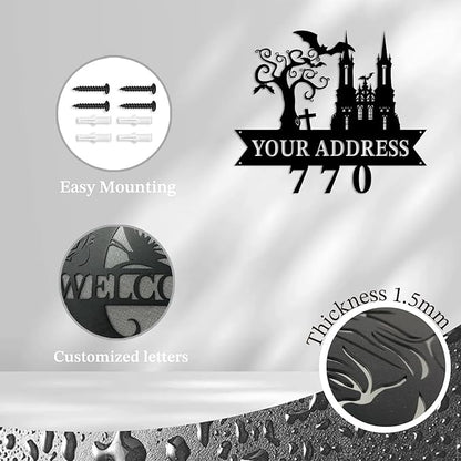 Personalized Gothic House Number metal Signs,Custom Address Number Metal Wall Art Decor,Black Plaques Outdoor wall Decorative Signage,Shed(8-30 Inches) (Castle C)