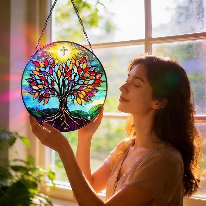 Stained Glass Window Hanging Tree of Life Sun Catcher Indoor, Window Garden Decor Art, Stained Glass Suncathers, Christian Gifts for Women,Mom, Grandma,Friends and Wife Gifts 7.8’’ Blue