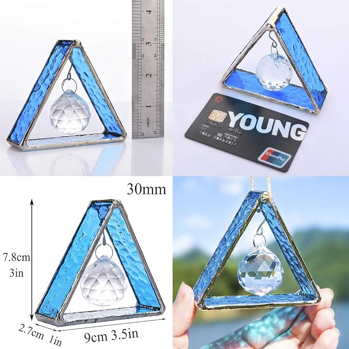 H&D HYALINE & DORA Stained Glass Window Sun Catcher Hangings Pyramid Colored Glass Hanging Ornament for Wall, Window，Car and Party Decoration,Blue
