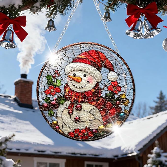 Chrismas Acrylic Stained Glass Window Hanging,Sun Catcher Decor Stained Panel Hangings Wall Art Decor, 2026 8x8inch (SCL014 Snowman 2)