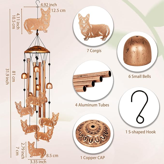 GDNSFIT Corgi Wind Chimes for Outside, Metal Windchimes Outdoors, Corgi Gifts for Women/Men, Memorial/Birthday Gifts, Garden Decor for Outside, Patio or Yard, Durable Chimes for Outdoors